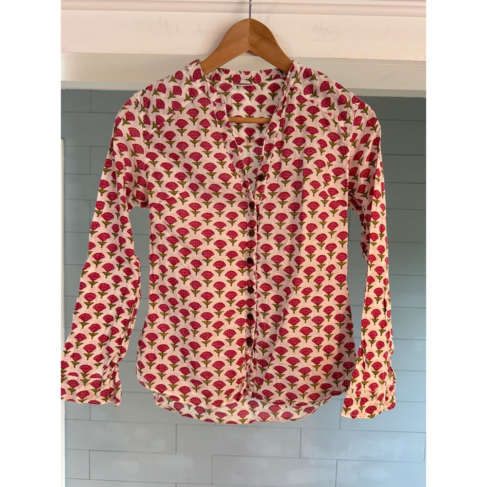 Hand Block Print Cotton Floral Blouse Pink White Long Sleeve Button Front Small